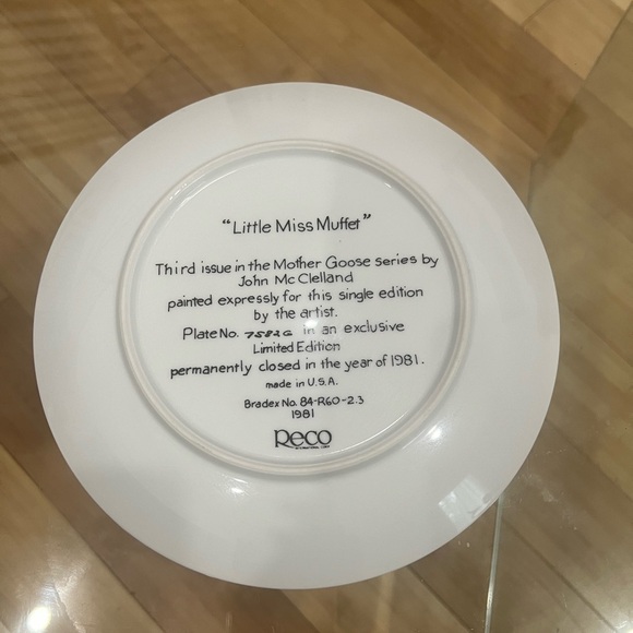 Reco Collector 8.5" Plate "Little Miss Muffet" by John McClelland Plate # 7165J - Picture 2 of 2
